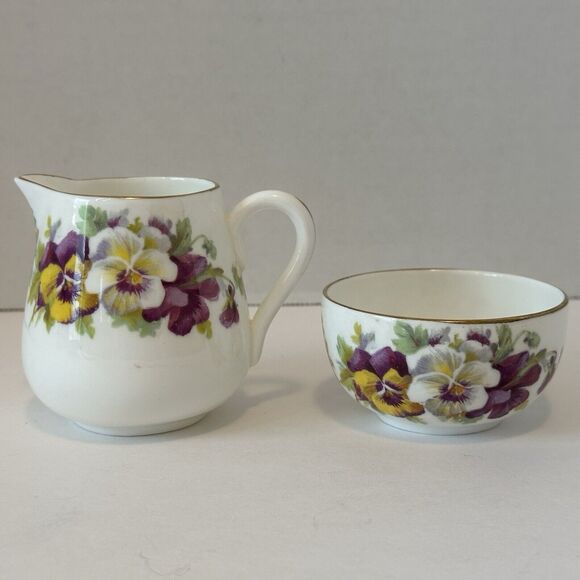 CROWN STAFFORDSHIRE Mini Creamer & Sugar Bowl White, Yellow, Purple Pansies VTG - Picture 4 of 13